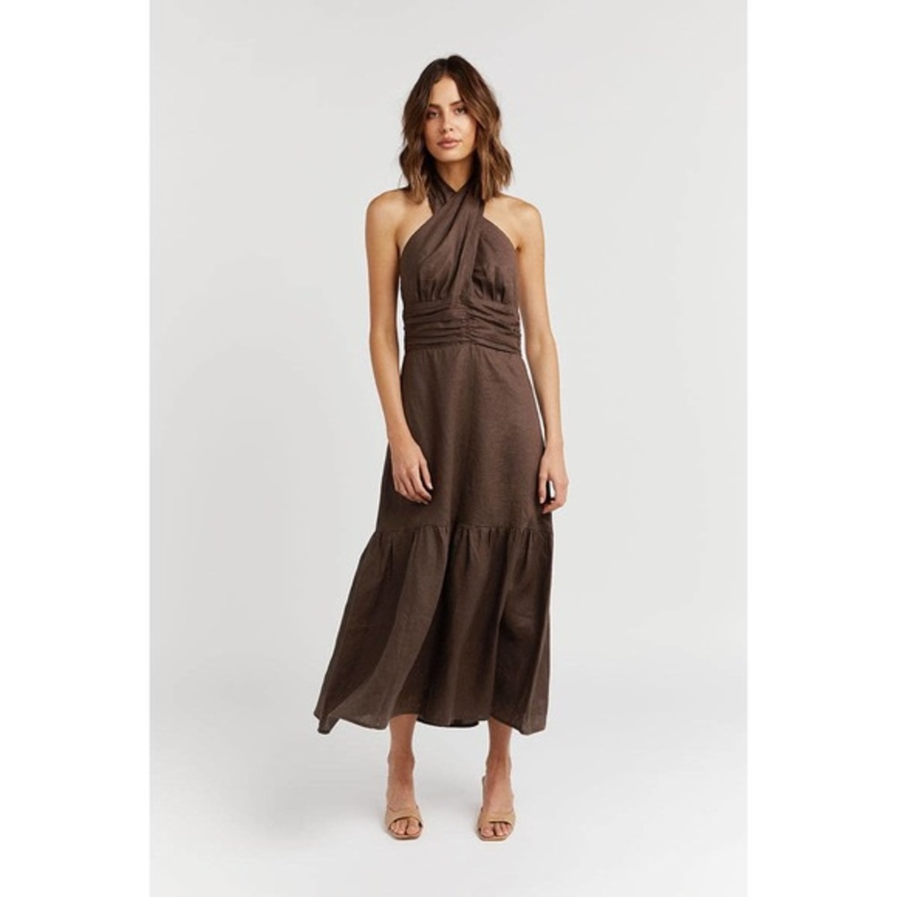 DISSH brown linen halter neck dress